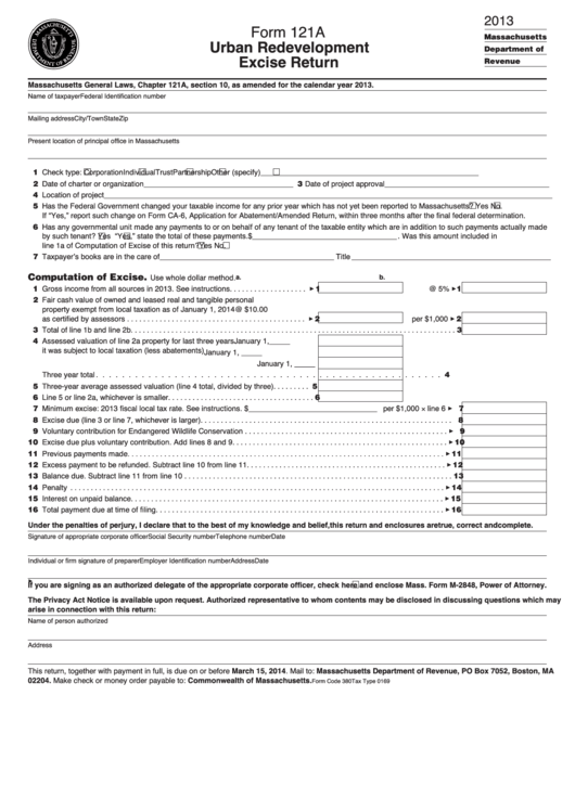 Fillable Form 121a - Urban Redevelopment Excise Return - 2013 Printable pdf