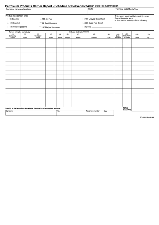Fillable Form Tc-111 - Schedule Of Deliveries 2a - Petroleum Products Carrier Report Printable pdf
