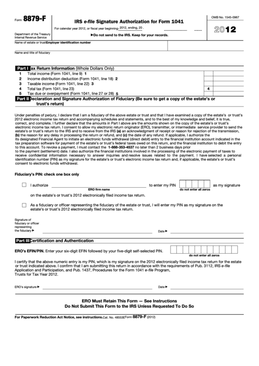 Fillable Form 8879-F - Irs E-File Signature Authorization For Form 1041 - 2012 Printable pdf