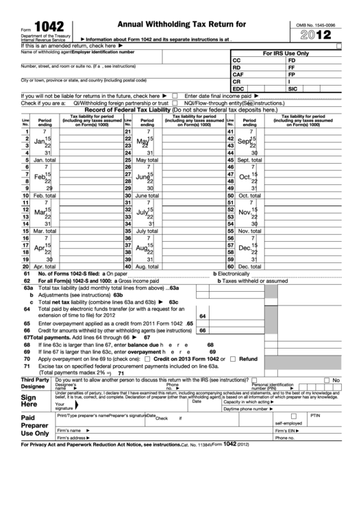 Fillable Form 1042 - Annual Withholding Tax Return For U.s. Source Income Of Foreign Persons - 2012 Printable pdf