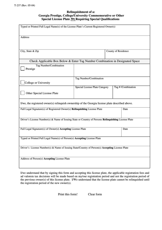 Fillable Form T-237 - Relinquishment Of A: Georgia Prestige, College/university Commemorative Or Other Special License Plate Not Requiring Special Qualifications Printable pdf