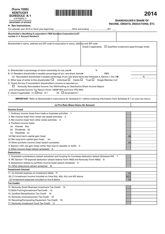 Fillable Kentucky Schedule K-1 (Form 720s) - Shareholder