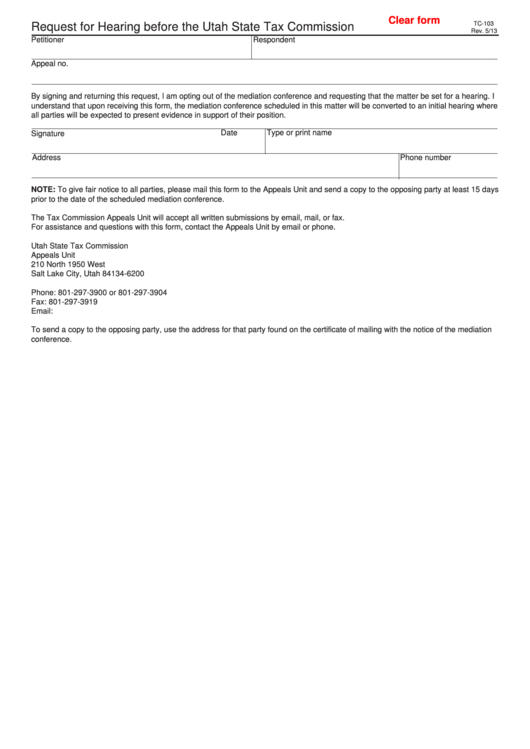 Fillable Form Tc-103 - Request For Hearing Before The Utah State Tax Commission Printable pdf