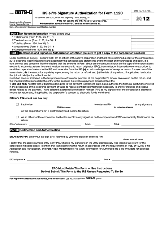 Fillable Form 8879-C - Irs E-File Signature Authorization For Form 1120 - 2012 Printable pdf