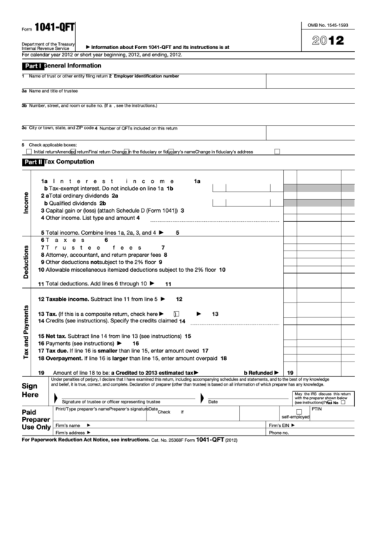 Fillable Form 1041-Qft - U.s. Income Tax Return For Qualified Funeral Trusts- 2012 Printable pdf