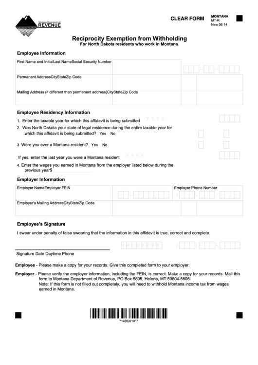 Fillable Form Mt-R - Reciprocity Exemption From Withholding Printable pdf