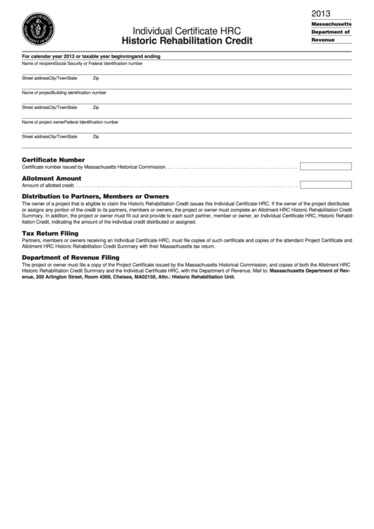Individual Certificate Hrc - Historic Rehabilitation Credit - 2013 Printable pdf