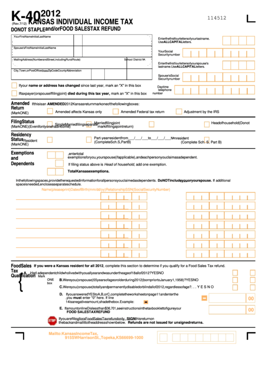 Fillable Form K-40 - Kansas Individual Income Tax And/or Food Sales Tax Refund - 2012 Printable pdf
