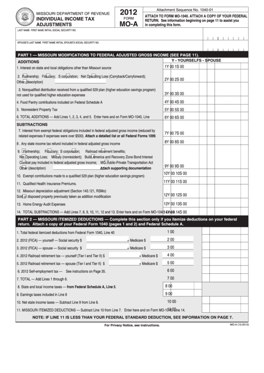 Fillable Form Mo-A - Individual Income Tax Adjustments - 2012 Printable pdf