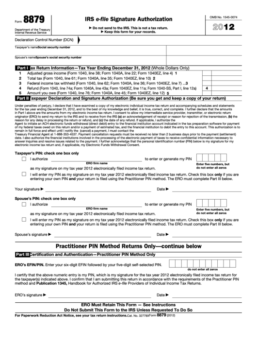 Fillable Form 8879 - Irs E-File Signature Authorization - 2012 Printable pdf