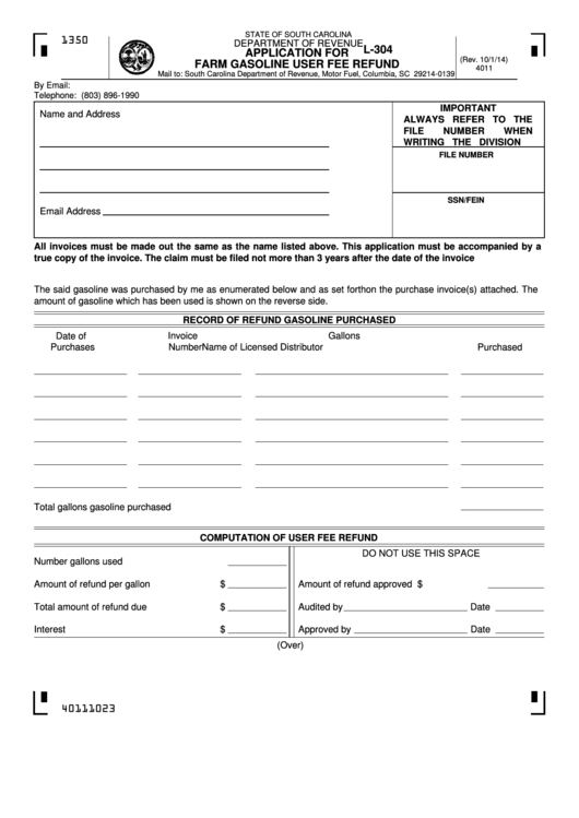 Form L-304 - Application For Farm Gasoline User Fee Refund Printable pdf