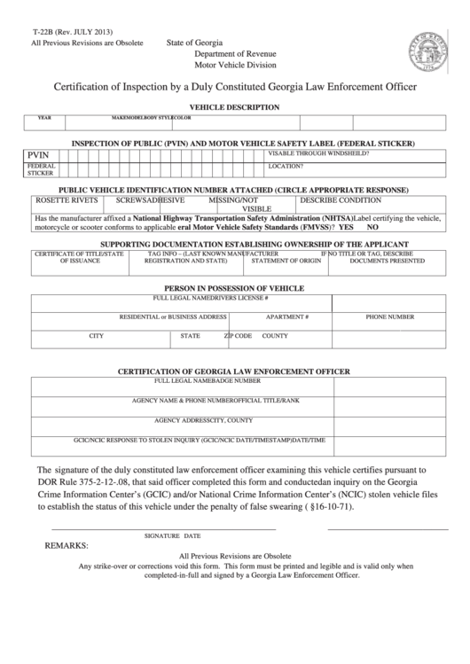 Fillable Form T-22b - Certification Of Inspection By A Duly Constituted Georgia Law Enforcement Officer Printable pdf