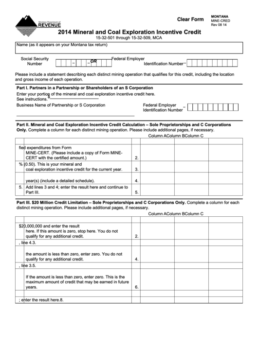 Fillable Form Mine-Cred - Mineral And Coal Exploration Incentive Credit - 2014 Printable pdf