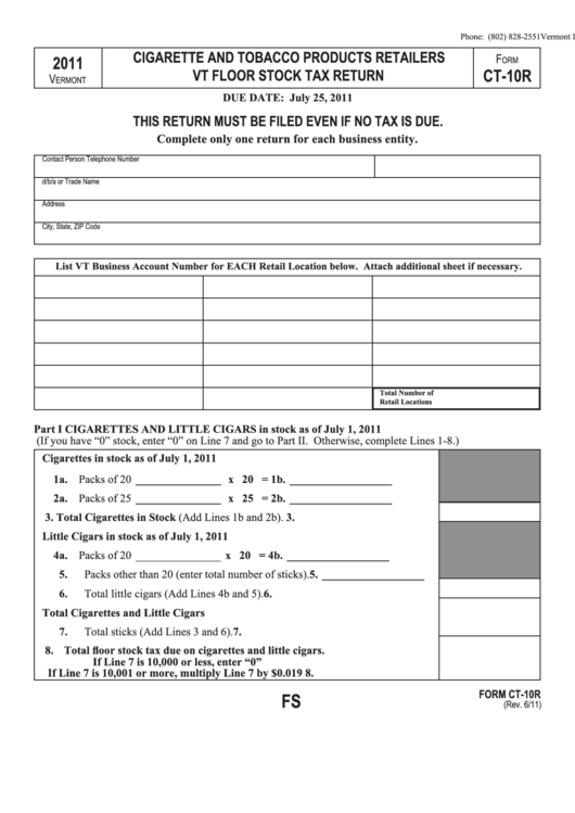 Form Ct-10r - Cigarette And Tobacco Products Retailers Vt Floor Stock Tax Return - 2011 Printable pdf