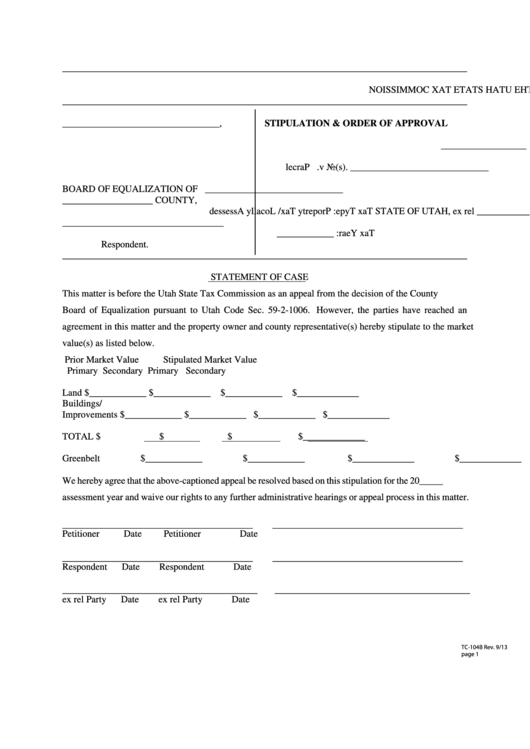 Fillable Form Tc-104b - Stipulation & Order Of Approval Printable pdf