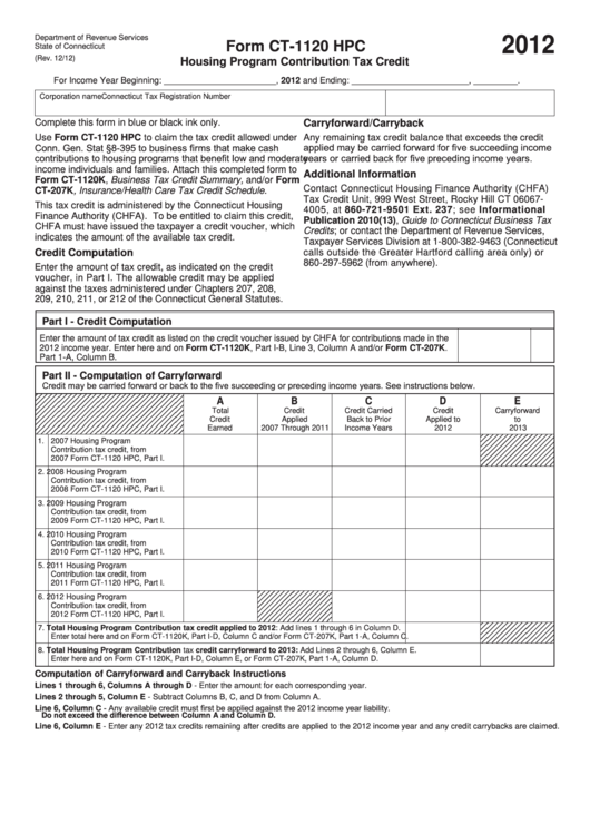 Form Ct-1120 Hpc - Housing Program Contribution Tax Credit - 2012 Printable pdf