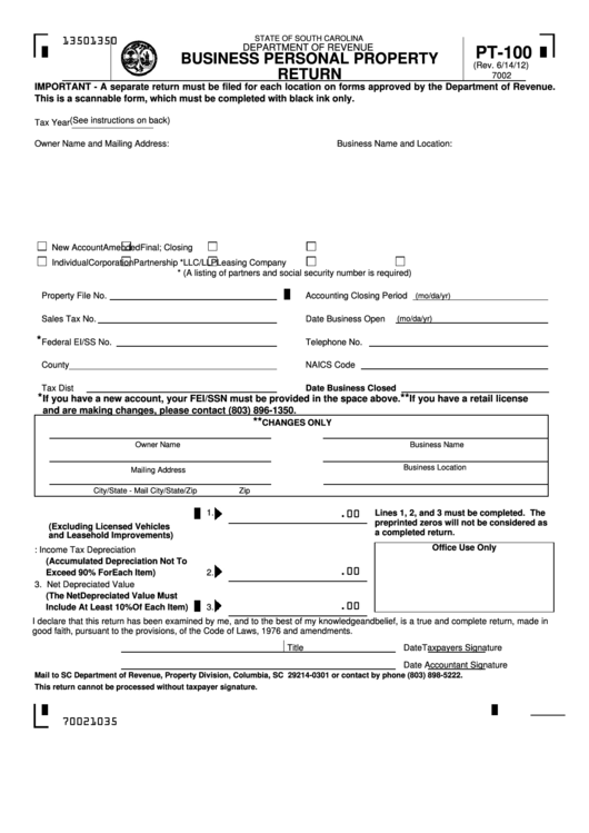 Form Pt-100 - Business Personal Property Return Printable pdf