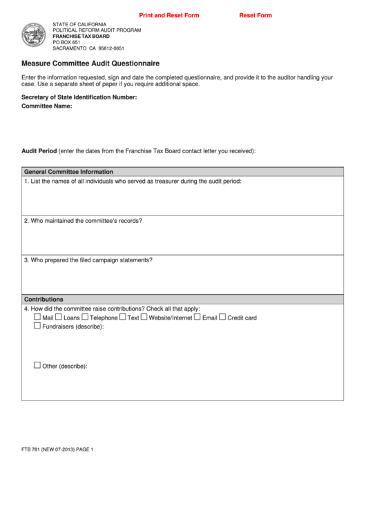 Fillable Form Ftb 781 - Measure Committee Audit Questionnaire Printable pdf