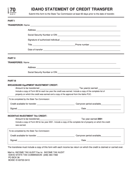 Form 70 - Idaho Statement Of Credit Transfer Printable pdf