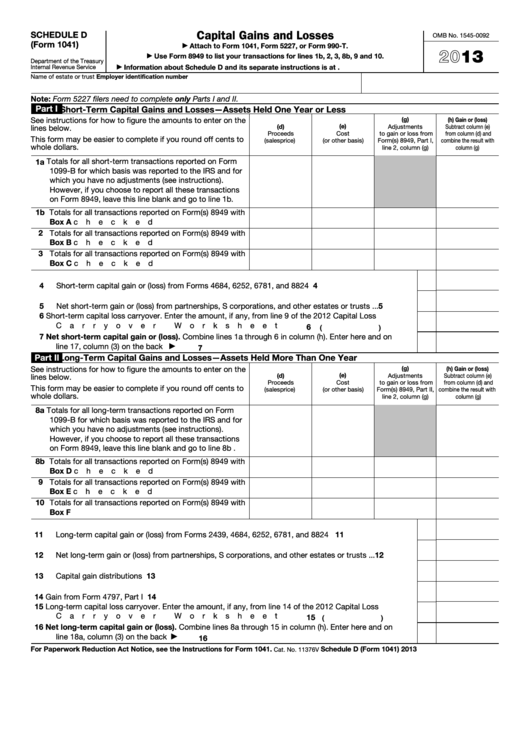 Fillable Schedule D (Form 1041) - Capital Gains And Losses - 2013 Printable pdf