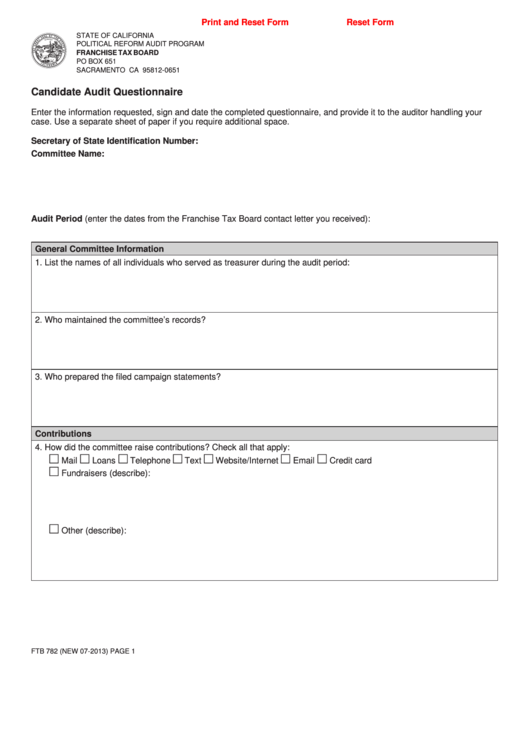 Fillable Form Ftb 782 - Candidate Audit Questionnaire Printable pdf
