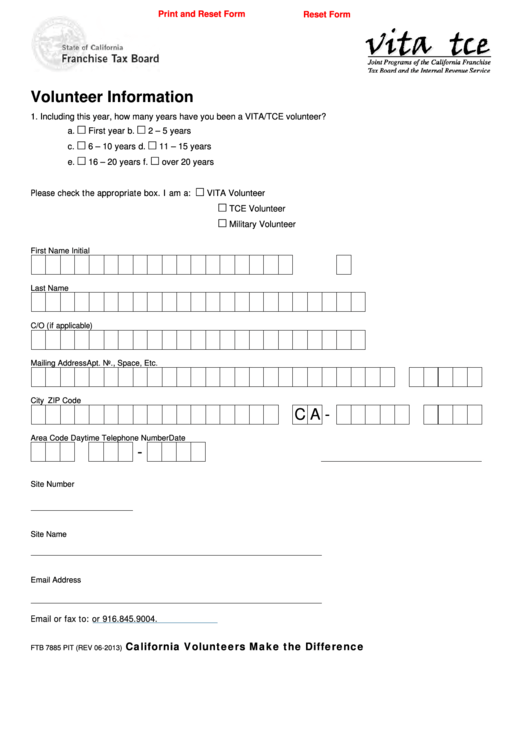 Fillable Form Ftb 7885 Pit - Volunteer Information Printable pdf