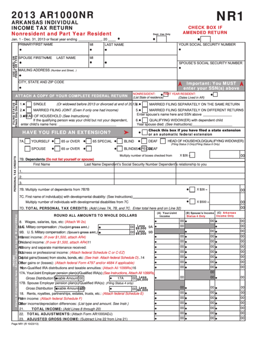 Fillable Form Ar1000nr - Arkansas Individual Income Tax Return - 2013 Printable pdf