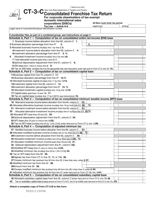 Form Ct-3-C - Consolidated Franchise Tax Return For Corporate Shareholders Of Tax-Exempt Domestic International Sales Corporations (Discs) - 2011 Printable pdf