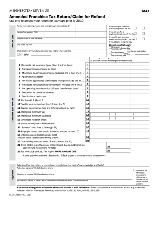 Fillable Form M4x - Amended Franchise Tax Return/claim For Refund Printable pdf