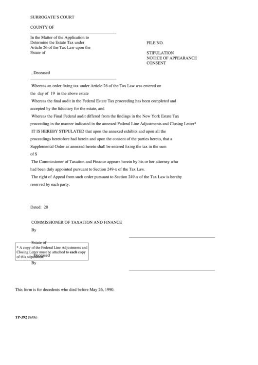 Form Tp-392 - Stipulation Notice Of Appearance Consent printable pdf ...