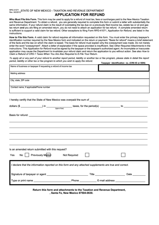 Form Rpd-41071 - Application For Refund Printable pdf