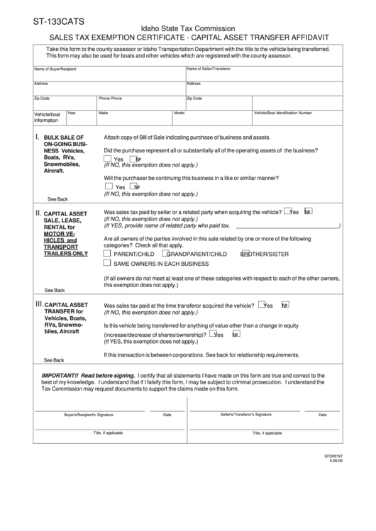 Fillable Form St-133cats - Sales Tax Exemption Certificate - Capital Asset Transfer Affidavit Printable pdf