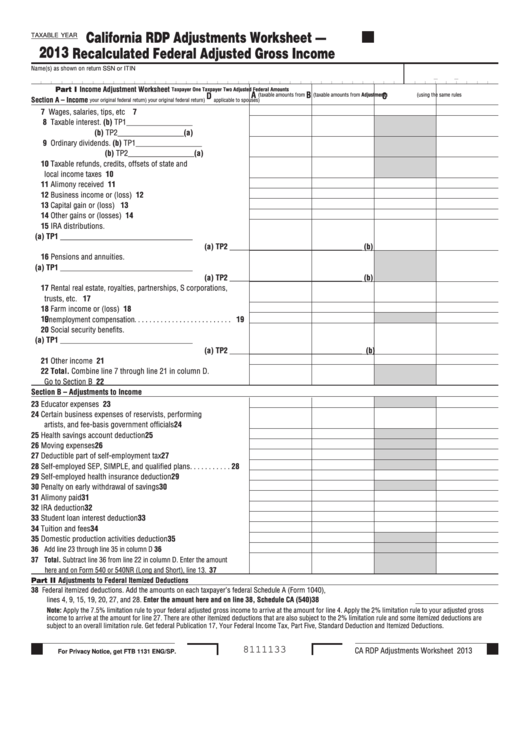 California Rdp Adjustments Worksheet - Recalculated Federal Adjusted Gross Income - 2013 Printable pdf