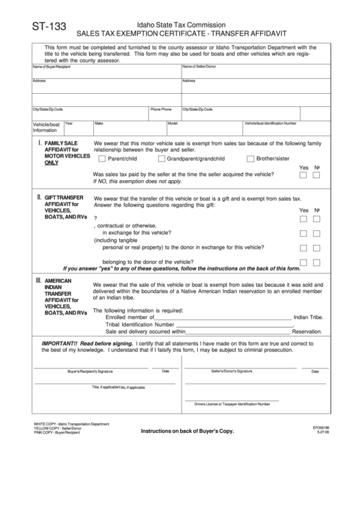 Fillable Form St-133 - Sales Tax Exemption Certificate - Transfer Affidavit Printable pdf