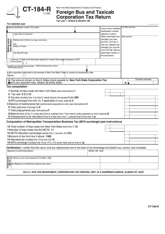 Fillable Form Ct-184-R - Foreign Bus And Taxicab Corporation Tax Return Printable pdf