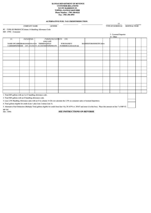 Fillable Form Mf-52c - Alternative Fuel Tax Credit/deduction Printable pdf