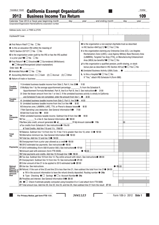 Fillable Form 109 - California Exempt Organization Business Income Tax Return - 2012 Printable pdf