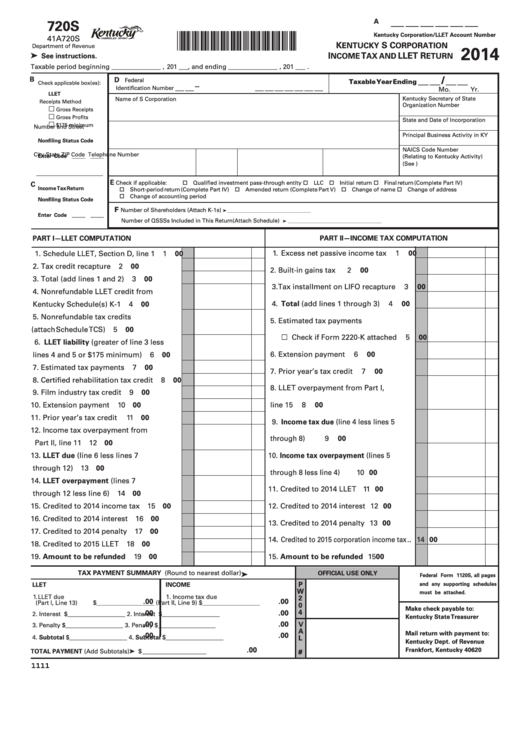 Fillable Form 720s - Kentucky S Corporation Income Tax And Llet Return - 2014 Printable pdf