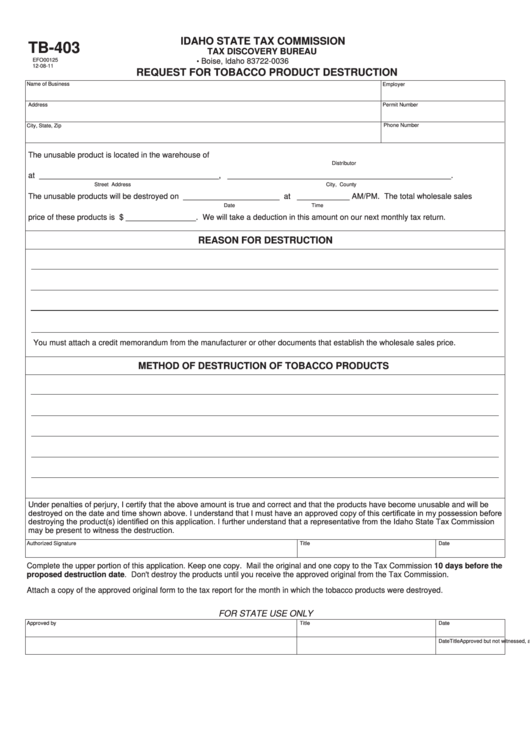 Form Tb-403 - Request For Tobacco Product Destruction Printable pdf
