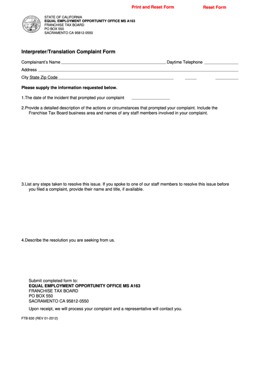 Fillable Form Ftb 630 - Interpreter/translation Complaint Form Printable pdf