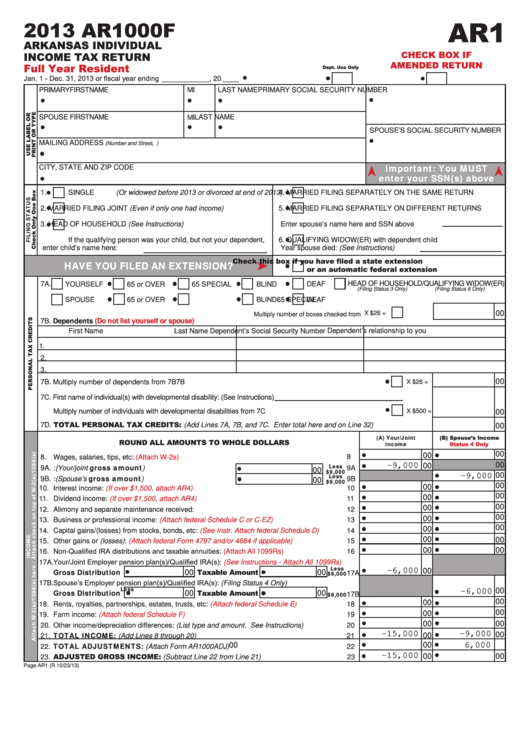 Fillable Form Ar1000f - Arkansas Individual Income Tax Return - 2013 Printable pdf