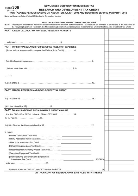Form 306 - Research And Development Tax Credit - 2012 Printable pdf