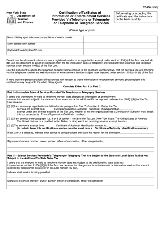 Fillable Form St-930 - Certification Of Tax Status Of Information Or ...