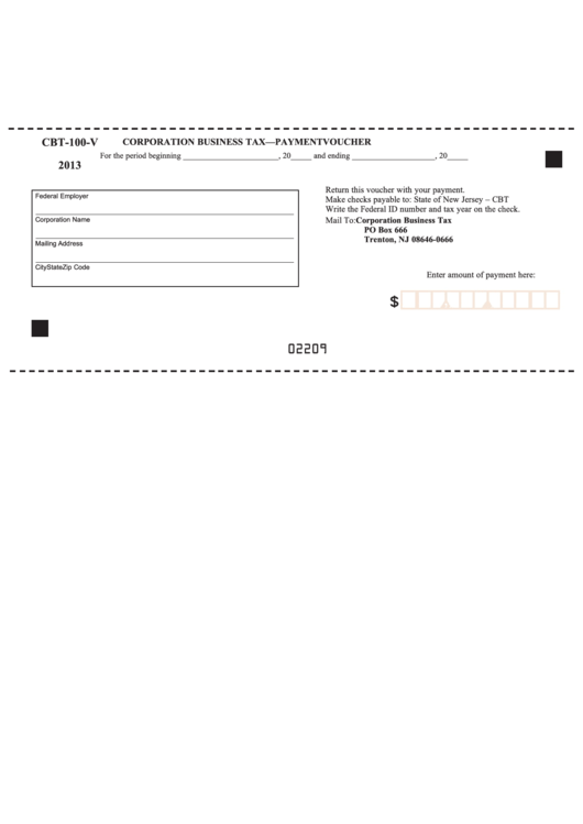 Fillable Form Cbt-100-V - Corporation Business Tax - Payment Voucher - 2013 Printable pdf