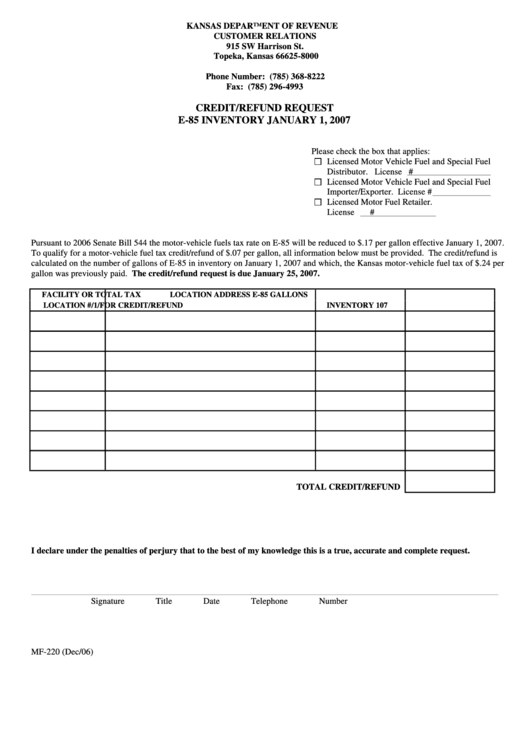 Fillable Form Mf-220 - Credit/refund Request E-85 Inventory January 1, 2007 Printable pdf