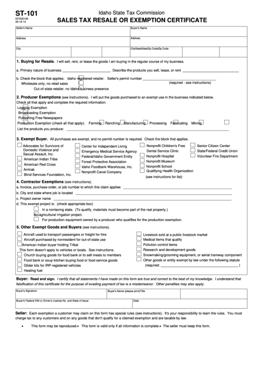 Fillable Form St-101 - Sales Tax Resale Or Exemption Certificate Printable pdf