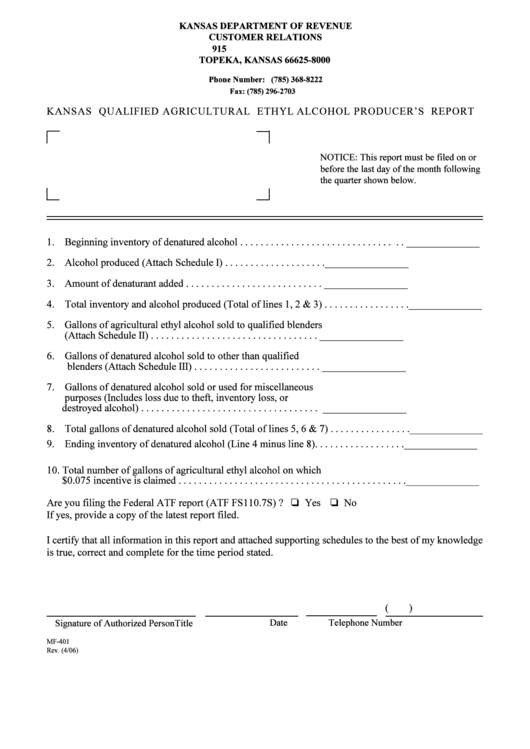 Fillable Form Mf-401 - Kansas Qualified Agricultural Ethyl Alcohol ...