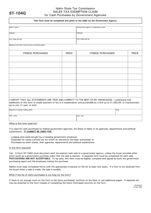 Form St-104g - Sales Tax Exemption Claim For Cash Purchases By Government Agencies Printable pdf