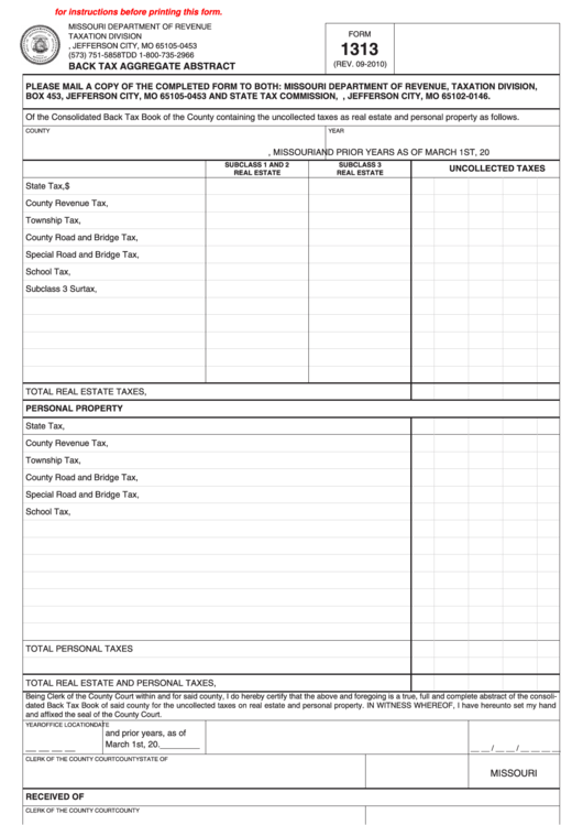 Fillable Form 1313 - Back Tax Aggregate Abstract Printable pdf