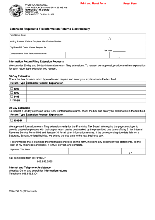 Fillable Form Ftb 6274a C3 - Extension Request To File Information Returns Electronically Printable pdf